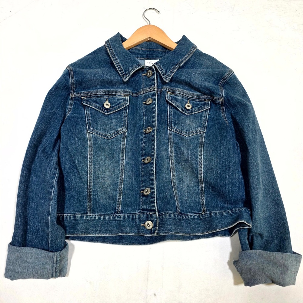 S & Co Denim Jacket Women L Blue Stretch Button Front Classic Trucker Jean Layer